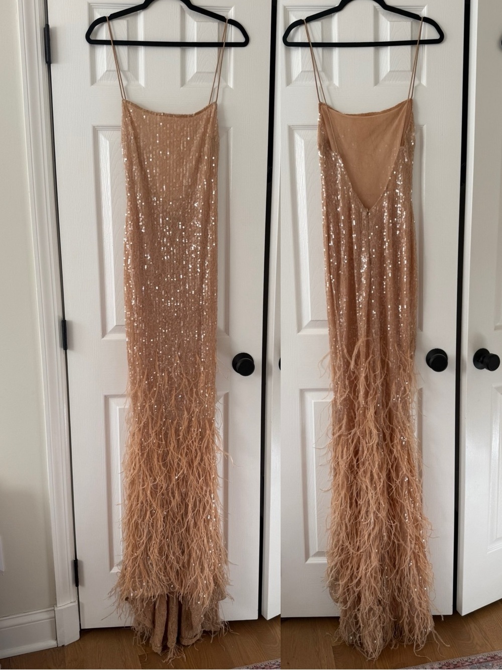 Retrofete Odessa Sequin Ostrich Feather Trimmed Sheer Gown Maxi Dress Tannin - Picture 3 of 16